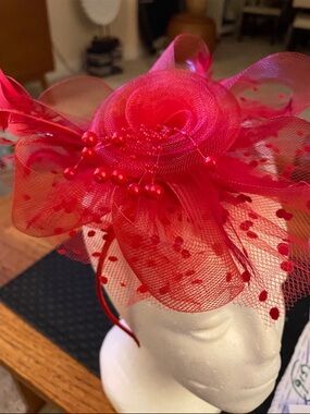 Red Floral Mesh Fascinator Headband - Women Accessories